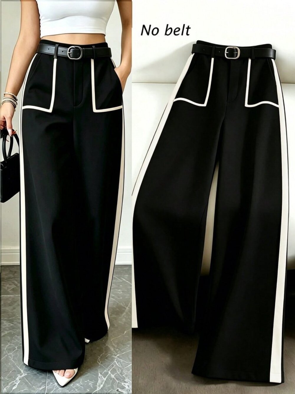 Black Elegant Women's Contrast Piping Elastic Waist Wide Leg Pants